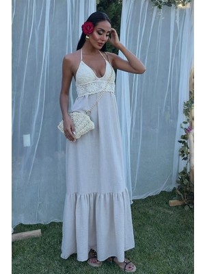 Arben Boutique Göğsü Trikolu Keten Uzun Elbise 2904-08