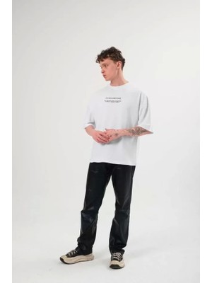 Fy Butik Unisex Bisiklet Yaka Baskılı Oversize T-Shirt - Beyaz
