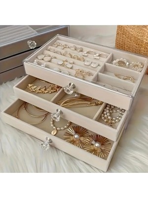 Bej Kadife 3 Çekmeceli Şık Takı Organizer, Alanı Güzel Kullanır
