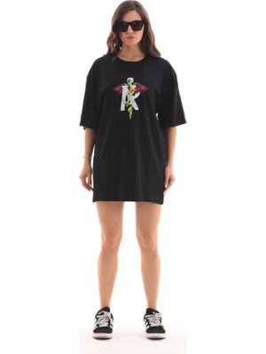 Fy Butik Unisex Bisiklet Yaka Baskılı Oversize T-Shirt - Siyah