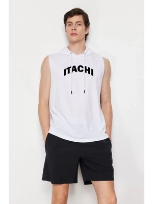Unisex Kapşonlu Kolsuz Baskılı Oversize T-Shirt - Beyaz