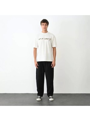 Fy Butik Unisex Bisiklet Yaka Baskılı Oversize T-Shirt - Beyaz