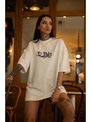 Fy Butik Unisex Bisiklet Yaka Baskılı Oversize T-Shirt - Beyaz