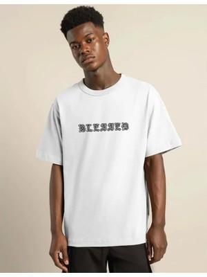 Unisex Bisiklet Yaka Oversize Baskılı T-Shirt - Beyaz