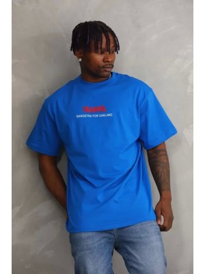 Unisex Baskılı Oversize T-Shirt - Mavi