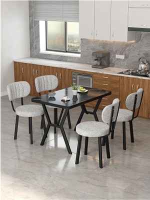 Azra 70X110CM Bendir Mutfak Masası, Mutfak Masası Takımı, Yemek Masası, 4 Açık Gri Sandalye