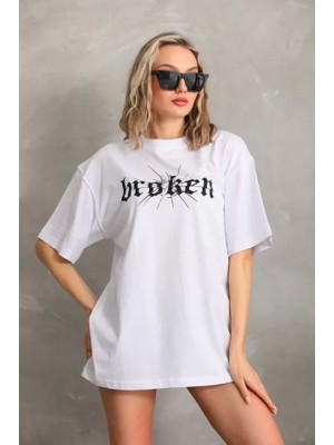 Unisex Baskılı Oversize T-Shirt - Beyaz