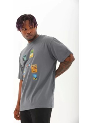 Fy Butik Unisex Oversize Baskılı Bisiklet Yaka T-Shirt - Füme