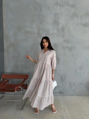 Fy Butik Çizgili Keten Hakim Yaka Düğmeli Salaş Elbise - Kahverengi