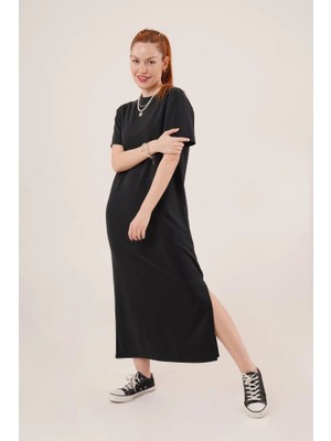 Fy Butik Yırtmaç Detaylı Kısa Kollu Salaş Maxi Siyah Elbise