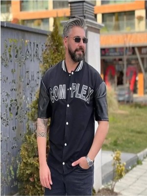Erkek Complex Kolları Deri Kolej Oversize T-Shirt - Siyah