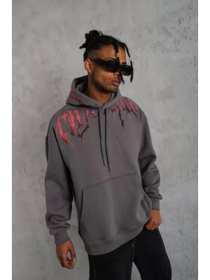 Erkek Ön ve Arka Baskılı Kapüşonlu 3 Iplik Sweatshirt - Füme