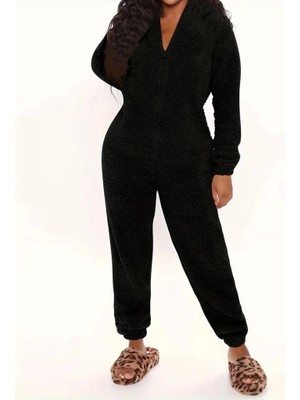 Fy Butik Kadın Uzun Kollu Kapüşonlu Tavşan Kulak Detaylı Peluş Tulum