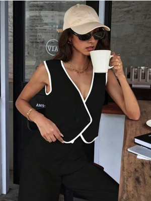 Fy Butik Kadın Kolsuz V Yakalı Düğmeli Ithal Krep Yelek ve Pantolon Ikili Takım