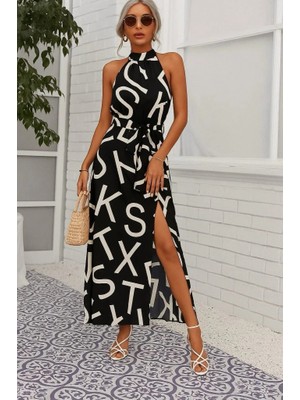 Kadın Omuzlardan Açık Halter Yakalı Yırtmaçlı Çiçek Desenli Süprem Elbise