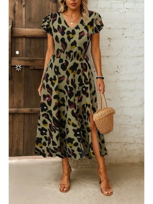 Fy Butik Kadın Kısa Kollu V Yakalı Desenli Yandan Yırtmaçlı Süprem Elbise