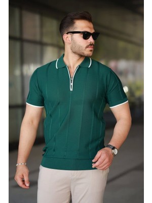 Fy Butik Erkek Dikey Kabartmalı Örgü Dokulu Fermuar Yakalı Tişört
