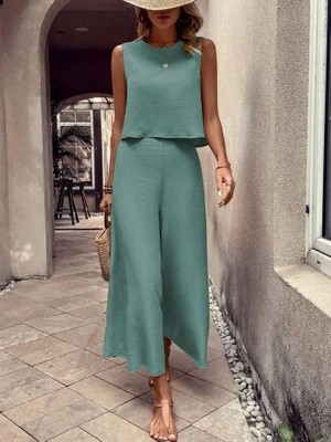 Kadın Bisiklet Yaka Kolsuz Bluz ve Bol Paça Aerobin Kumaş Ikili Takım