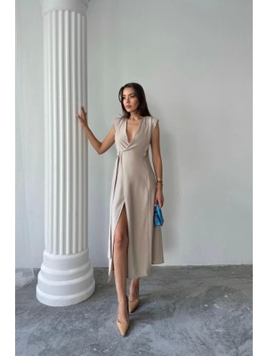 Fy Butik Kruvaze Vatkalı Kolsuz Elbise Modal Kumaş - Bej