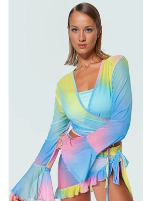 Plaj Için Örme Mesh Bluz Etek Takım Degrade Desenli V Yaka Fitted Konforlu Kesim Modern Stil