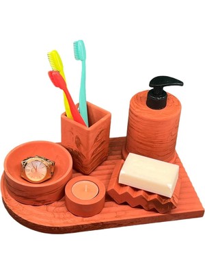 6'lı Mermer Desenli Terracotta Beton Banyo Seti Tuvalet Wc Sıvı Sabunluk Diş Fırçalığı Takım