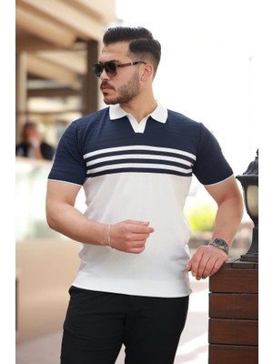 Fy Butik Erkek Çizgi Desenli Yakalı Kısa Kollu T-Shirt