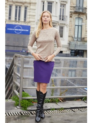 Yüksek Bel Diz Üstü Hafif Likralı Şık Kumaş Kalem Etek-Mor