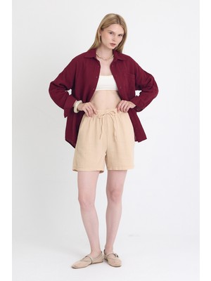 Bej Beli Lastikli %100 Pamuk Müslin Şort 4796A