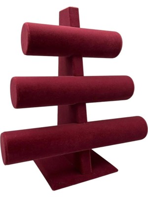 Bordo Süet Kumaş Üçlü Kademeli Bileklik ve Saat Sergileme Standı