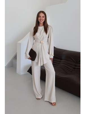 Natural Gold Broşlu Bluz Pantolon Takım