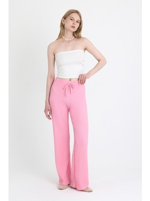 Pembe Geniş Paça Dökümlü Bürümcük Kumaş Pantolon 326