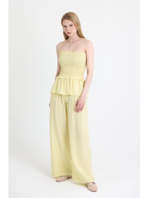 Sarı Büzgülü Straplez Bluz ve Bol Paça Pantolon Takım 5249