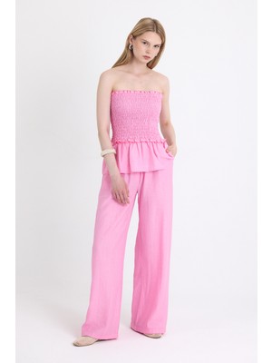 Pembe Büzgülü Straplez Bluz ve Bol Paça Pantolon Takım 5249