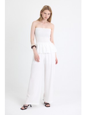 Beyaz  Büzgülü Straplez Bluz ve Bol Paça Pantolon Takım 5249