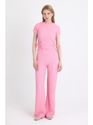Pembe Bürümcük Dokulu Büzgülü Crop ve Geniş Paça Pantolon Takımı 3001