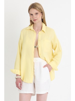 Sarı Tek Cepli %100 Pamuk Oversize Müslin Gömlek 4697A
