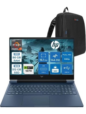 Victus 16-S0007NT Ryzen 7 7840HS 80GB Ddr5 512GB SSD 8GB/RTX4070/120W 16.1" 144Hz IPS Fhd Windows 11 Pro Taşınabilir Bilgisayar HP7Z581EAP20 + Zettaçanta