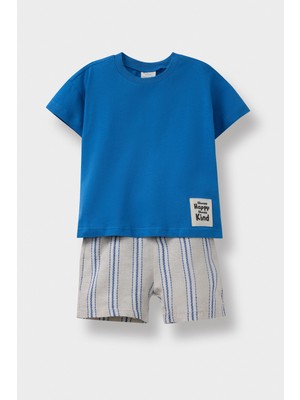 DeFacto 2'li Takım Kısa Kollu Tişört Çizgili Beli Lastikli Şort Erkek Bebek E9033A525SM
