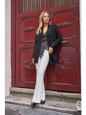 Kadın Düşük Omuzlu Uzun Kol Rahat Kesim Uzun Triko Hırka-Siyah