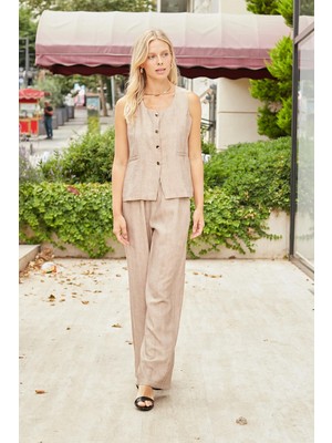 Kadın Keten Görünümlü Likrasız Kumaş Balen Yaka Flato Cepli Düğmeli Yelek-Taş