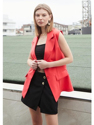 Kadın Yakalı Cep Kapaklı Hafif Likralı Dokuma Kumaş Oversize Blazer Yelek-Mercan