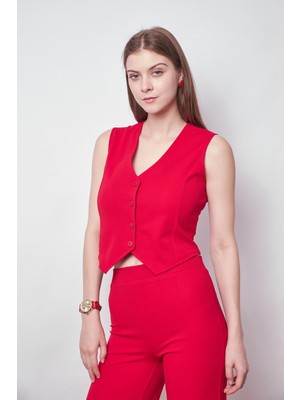 Kadın Likralı Krep Kumaş Arkası D Tokalı Kısa Yelek-Kırmızı