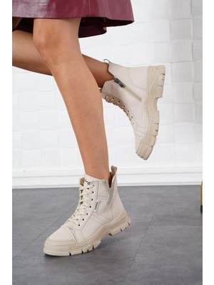 Windif Termo Kaymaz Taban Bağcıklı Fermuarlı Taş Detaylı Taban Dikişli Günlük Kadın Bot Bej