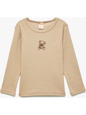 Koton Ayıcık Nakışlı Uzun Kollu Bisiklet Yaka Pamuklu Tişört