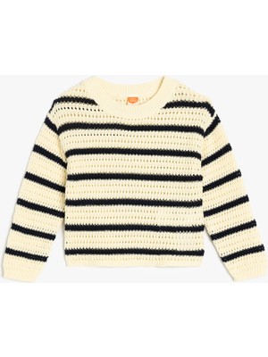 Koton Pamuklu Bisiklet Yaka Uzun Kollu Ajurlu Crop Triko Kazak