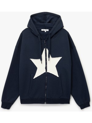 Koton Yıldız Baskılı Şardonlu Kapüşonlu Kanguru Cepli Oversize Fermuarlı Sweatshirt
