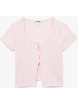 Koton Düğme Detaylı Bisiklet Yaka Kısa Kollu Bluz