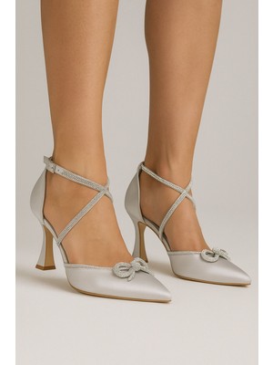 Saten Ucu Sivri Taşlı Topuklu Ayakkabı Kadın Topuklu Abiye Ayakkabı