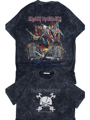 Fuddy Moda Unisex Iron Maiden Sırt Baskılı Yıkamalı Tişört, Oversize Rock-Metal Baskılı Retro T-Shirt