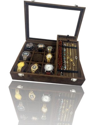 Teknotrust Kahverengi Süet Takı Kutusu, 9'lu Saat, Bileklik ve Tesbih Saklama Kapsülü